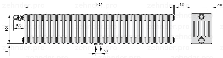 Схема (чертеж) Радиатор Zehnder Charleston 6030/32 №V007 Белый глянцевый RAL 9016